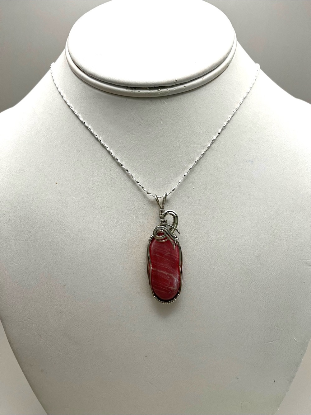 Handmade Sterling Silver Rhodochrosite Pendant Necklace | Pink Wire Wrapped Gems